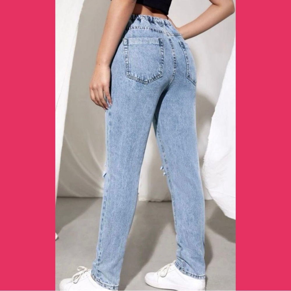 High Waist Drawstring Ripped Jeans - Picture 2 of 7